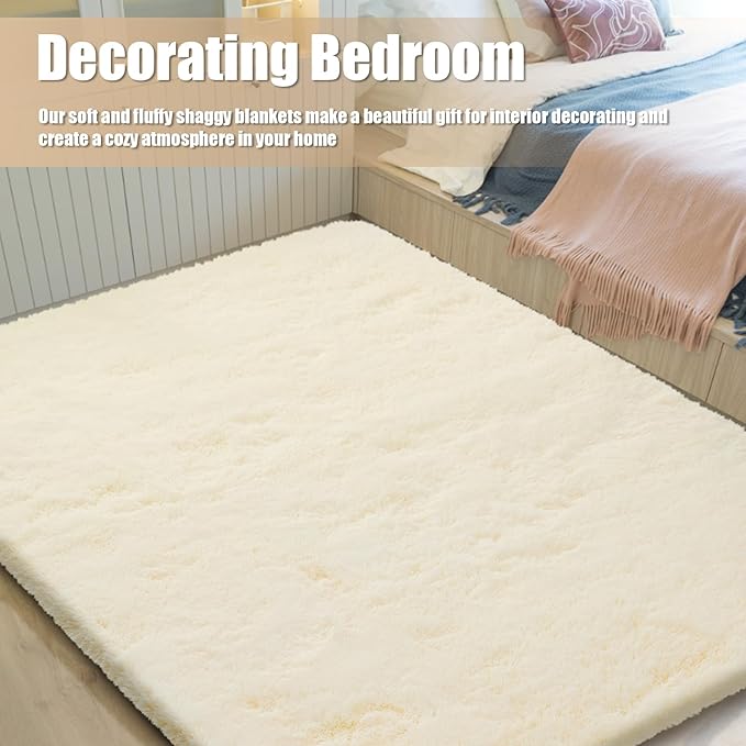 8x10 Fluffy Area Rugs for Living Room,Shag Area Rug for Bedroom,Ivory Soft Fuzzy Rug Non-Shedding Indoor Plush Carpet for Kids Bedroom Nursery Home Decor