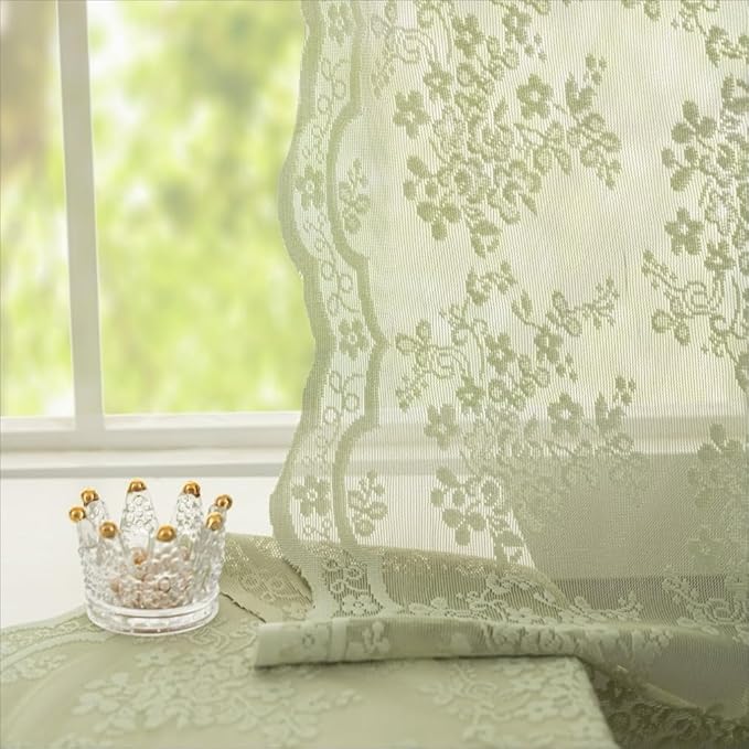YJ YANJUN Vintage Lace Curtains 96 Inches Long- Victorian Floral Boho Green Sheer Curtain Panels for Living Room Closet Scalloped Drapes Floor Length Rod Pocket Privacy 1 Pair 52Wx96L Grey Green
