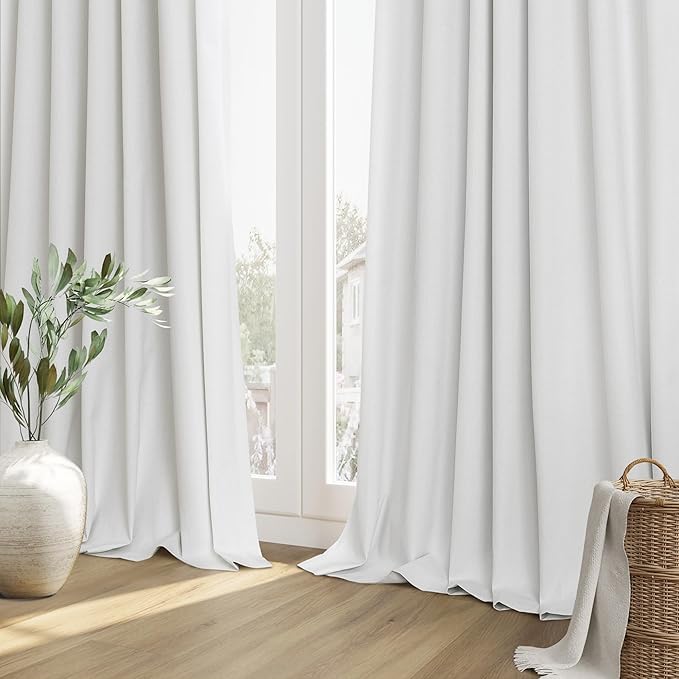 Guken White 100% Blackout Linen Curtains 84 Inch Length 2 Panels Set for Living Room Bedroom Back Tab Thermal Insulated 100% Black Out Drapes Room Darkening Farmhouse Style for Bedroom Curtains 52x84