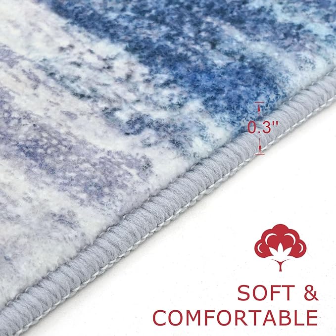 KOZYFLY Modern Abstract Kitchen Runner Rug, 2x6 Washable Rug Runner Non-Slip Soft Striped Hallway Runner Rugs, Blue/Grey/Beige Print Carpet Runner for Entryway Bathroom Laundry Room Foyer
