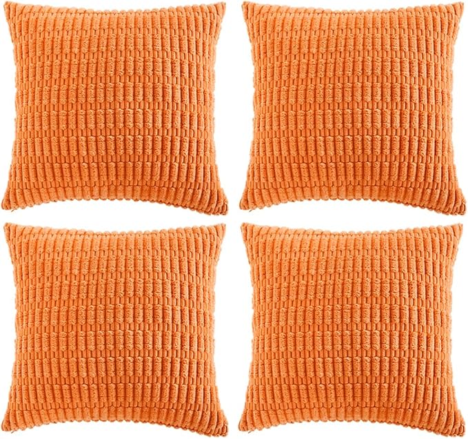 Fancy Homi 4 Packs Orange Fall Decorative Throw Pillow Covers 24x24 Inch for Couch Living Room Bed Sofa, Halloween Pumpkin Autumn Home Decor, Soft Cute Plush Corduroy Striped Cushion Case 60x60 CM
