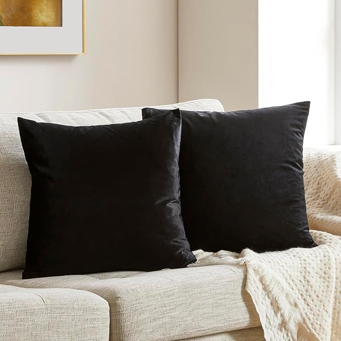 GIGIZAZA Black Velvet Pillow Covers 20x20,Decorative Square Throw Pillows Modern Covers Big Solid Living Room Pillow Cases for Couch Pack of 2