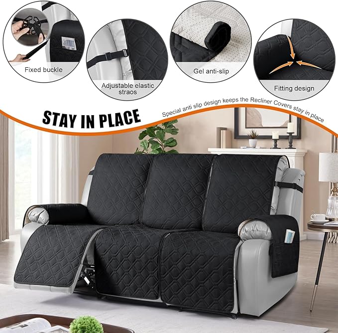 VANSOFY Waterproof Recliner Couch Covers, Sofa Covers 1-Piece Washable Reclining Sofa Cover Non-Slip Furniture Protector with Elastic Straps Pocket for Dogs, Pets(Black,3 Seater)