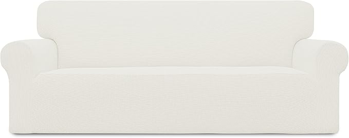 Easy-Going Stretch Sofa Slipcover 1-Piece Sofa Cover Furniture Protector Couch Soft with Elastic Bottom for Kids, Polyester Spandex Jacquard Fabric Small Checks (Sofa, Cream)