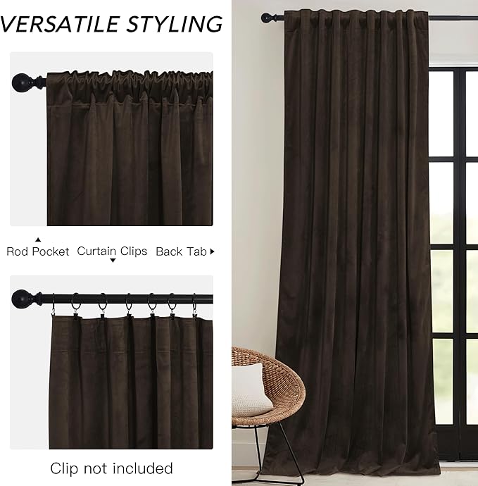 RYB HOME Brown Blackout Curtains 96 inches Long Velvet, Room Darkening Thermal Insulated Drapes with Hook Belt for Bedroom Home Theater, W 52 x L 96 inches, 2 Panels Set