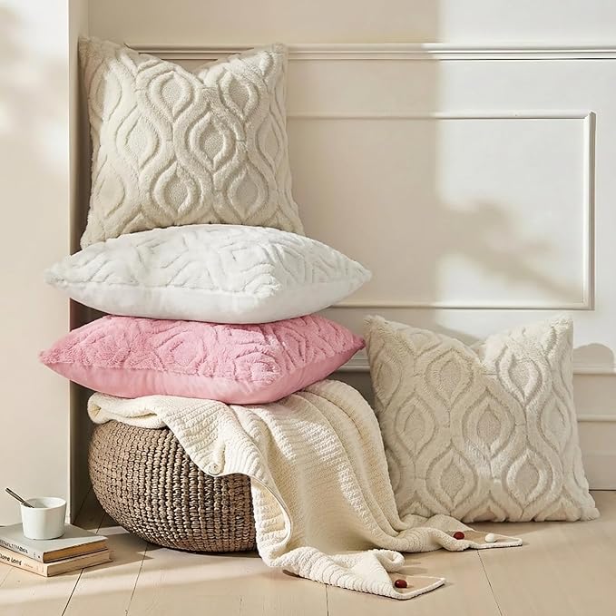 decorUhome Throw Pillow Covers 22x22 Inch Set of 2, Soft Plush Faux Wool Beige Solid Couch Pillow Covers, Accent Euro Sham Farmhouse Neutral Square Pillow Cases for Sofa Bed Living Room