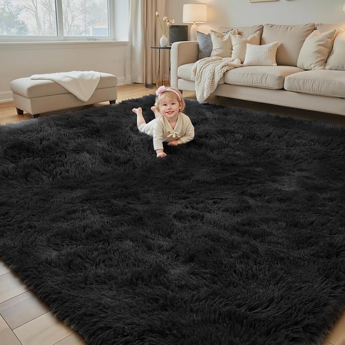 Rugs for Living Room 6x9, Alfombras para Salas Shag Large Plush Soft Area Rug, Shaggy Carpets for Bedroom, Kids Boys Girls Home Decor Aesthetic(Black, 6 x 9 Feet)