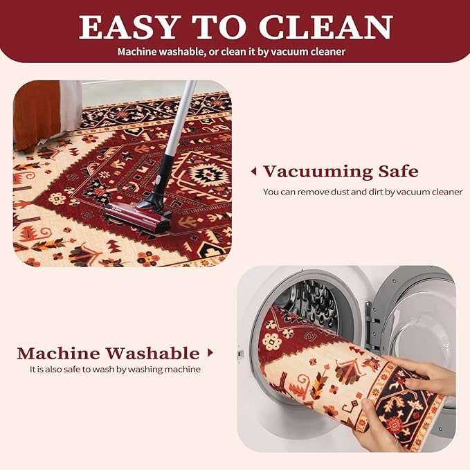 SERISSA 9x12 Area Rugs for Living Room, Large Washable Non-Slip Boho Rug, Ultra Soft Vintage Red Black Oriental Tribal Print Distressed Carpet for Dining Room Bedroom Dorm Office Home Decor