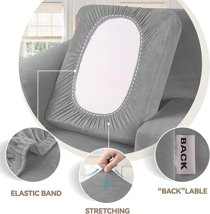 WEERRW 4 Pieces Velvet High Stretch Couch Covers for 3 Cushion Couch Sofa Slipcovers, Washable Furniture Protector with Non Slip Elastic Bottom, Feature Soft and Thick Plush Fabric, Silver Grey, Large