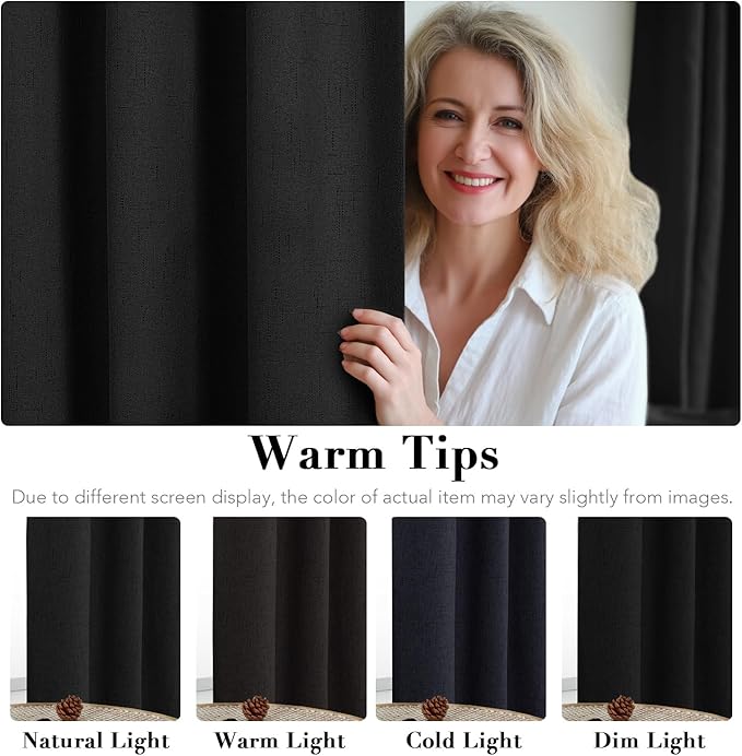H.VERSAILTEX 100% Blackout Curtains for Bedroom Thermal Insulated Linen Textured Curtains Heat and Full Light Blocking Drapes Living Room Curtains 2 Panel Sets, Black, 52x54 Inch