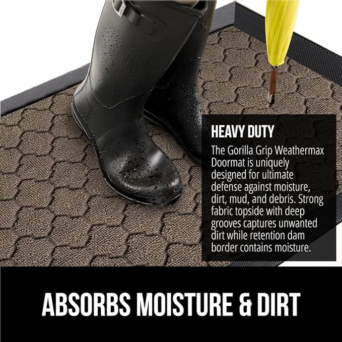 GORILLA GRIP 100% Waterproof All-Season WeatherMAX Doormat, 47x35, US Designed Natural Rubber, Stain and Fade Resistant, Low Profile Indoor Outdoor Door Mats, Easy Clean Patio Mat, Latte Quatrefoil