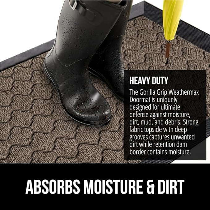 GORILLA GRIP 100% Waterproof All-Season WeatherMAX Doormat US Designed Natural Rubber, Stain and Fade Resistant, Low Profile Indoor Outdoor Door Mats, Easy Clean Patio Mat, 29x17, Latte Quatrefoil