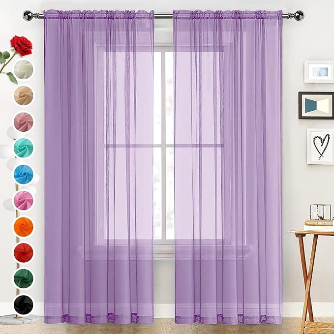 SpaceDresser Sheer Voile Window Treatment Rod Pocket Curtain Panels for Kitchen Bedroom Living Room Drapes Sunlight Filtering Privacy Semi Home Decor Assorted (Lavender, 52 W x 45 L)