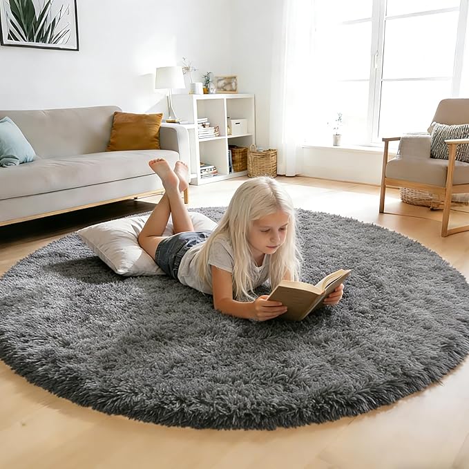 yulidayang Fluffy Round Area Rugs for Bedroom,3Ft Shag Circle Area Rugs for Living Room,Non Slip Fuzzy Plush Rug for Kids Room Boys Girls Room and Dorm,Deep Grey