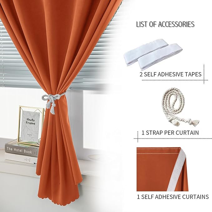 Self Adhesive Curtains Portable Blackout Curtain Simple and Easy to Install Bedroom Window Thermal Lnsulated Kitchen Room Darkening Black Small Drapes, 47" W X 84" L, Orange, 1 Panel