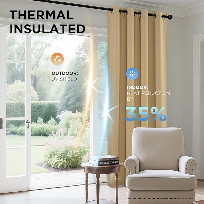 Joydeco Blackout Curtains 95 Inches Long 1 Panel, Thermal Insulated Long Curtains& Drapes 1 Piece, Room Darkening Grommet Drapes for Living Room Bedroom Window (W70 x L95 Inch, Beige)