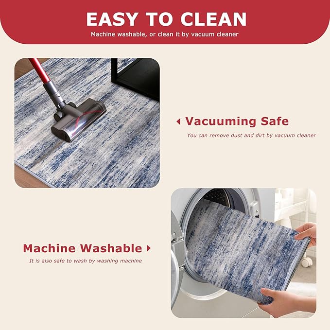 KOZYFLY Modern Abstract Kitchen Runner Rug, 2x10 Washable Rug Runner Non-Slip Soft Striped Hallway Runner Rugs, Grey Blue Print Carpet Runner for Entryway Bathroom Laundry Room Foyer