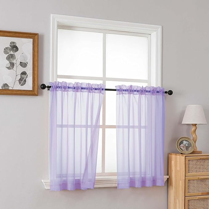 Small Sheer Curtains Tier 24 Inches Length 2 Pieces, Light Filtering Cafe Curtains for Living Room Bathroom, Modern Window Treatments Dual Rod Pocket Panels, Lavender, 2X42Wx24L Inches