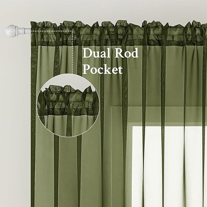 MIULEE 2 Panels Solid Color Sheer Window Curtains Elegant Window Voile Panels/Drapes/Treatment for Bedroom Living Room (54X90 Inches Olive Green)