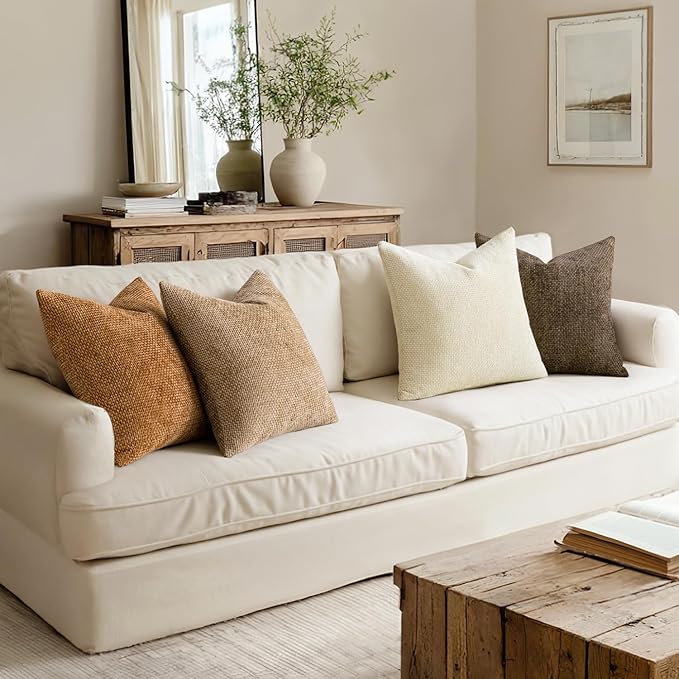 MIULEE Pack of 4 Brown Couch Throw Pillow Covers 18x18 Inch Soft Decorative Chenille Pillows Farmhouse Accent Cushions for Boho Home Decor Spring Sofa Bedroom Living Room