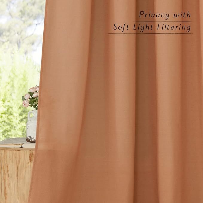 NICETOWN Thick Linen Burnt Orange Curtains 63 inches Long, Grommet Linen Weave Semi Sheer Window Treatment Privacy Added with Light Filtering Drapes for Bedroom, 2 Panels, W55 x L63
