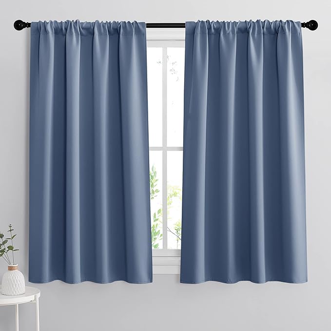 RYB HOME Blackout Curtains for Bedroom Living Room 63 inches Long, Thermal Insulated Privacy Rod Pocket Drapes for Nursery Office Home Theater, Width 34 by Length 63, Stone Blue, 2 Panels
