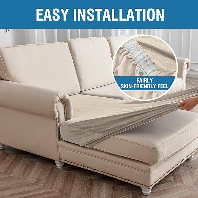 Couch Cover Velvet Chaise Cushion Cover for Sectional Sofas - Elastic L-Shaped Sofa Seat Covers Washable, Slipcover Protector (1-Piece, Taupe)