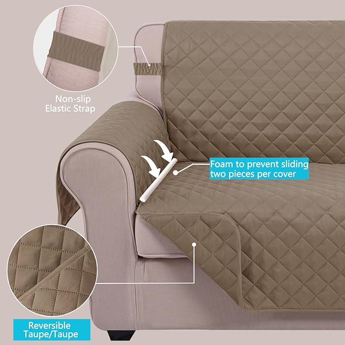 U-NICE HOME Recliner Chair Covers Reversible Chair Cover Pet Covers for Dogs with Elastic Straps Water Resistant Diamond Quilted (28''Recliner Oversized, Taupe/Taupe)