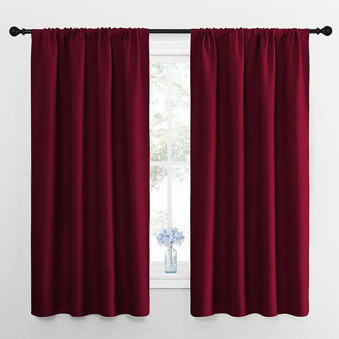 NICETOWN Wine Red Blackout Curtains 63 inches Long for Living Room, Darkening Window Curtain Panels, Easy-Care Solid Thermal Insulated Draperies/Drapes for Daughter Room