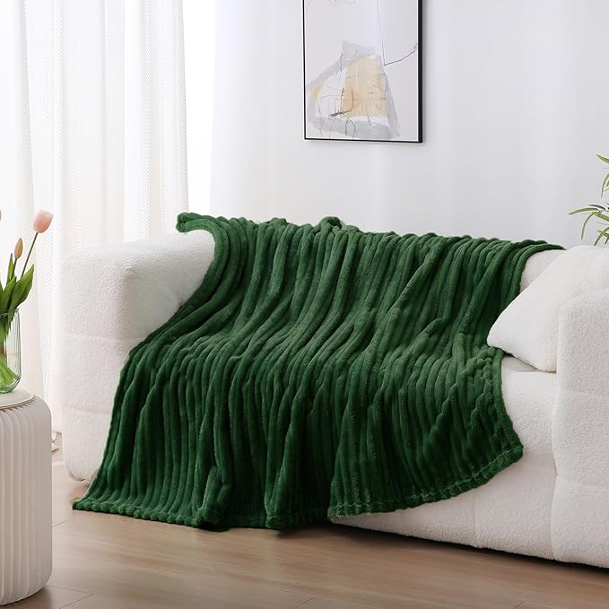 Green Fleece Throw Blanket 108”×90” for Couch Sofa Bed,Super Soft Cozy Plush Microfiber Flannel Blanket with Stripes Design Lightweight for Adults,Woman,Girls