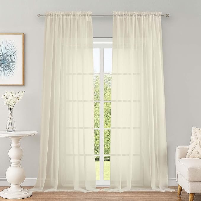 OWENIE Extra Long Cream Sheer Curtains 96 Inches Long 2 Panels Set, Soft Lightweight Airy Voile Sheer Curtain for Bedroom Living Room, Rod Pocket Solid Color Farmhouse Curtains, 59" Wx96 L Inch