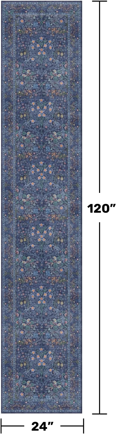 Hazo Haus Non Slip 2x10 Dark Blue Hallway Runner - 10ft Long Runner Rugs, Washable Kitchen Floor Mat - Vintage Navy Floral Design Décor