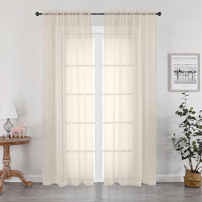 OWENIE Cream Sheer Curtains 84 inches Long 2 Panels Set for Bedroom Living Room, Soft Solid Living Room Sheer Curtain, Rod Pocket Light Filtering Curtains, 2 Pcs Each 42“ W x 84" L,Cream