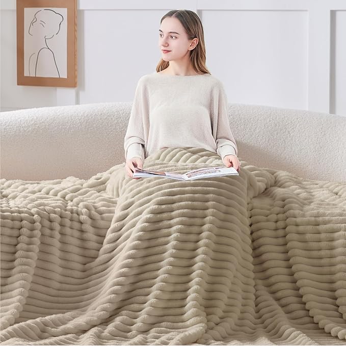 BEDELITE Blankets Queen Size for Bed, 300GSM Soft & Warm Fleece Blanket, Decorative and Giftable Striped Linen Blankets for Women, Men, 90"x90"