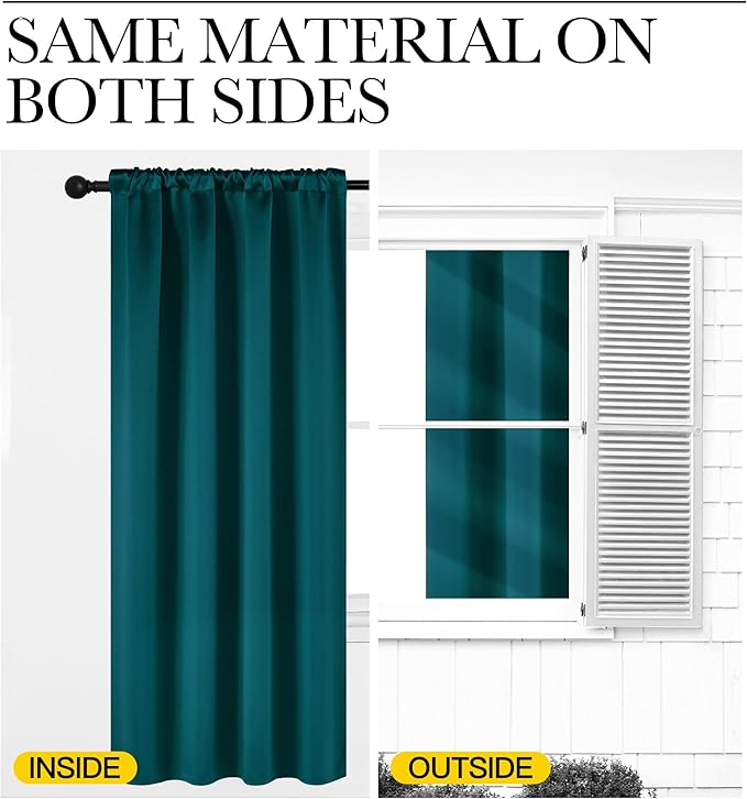 NICETOWN Teal Blackout Cafe Faux Silk Curtains for Small Windows, 42" Wide by 63" Long, 2 Panels, Rod Pocket Thermal Insulated Blackout Satin Drapes for Bedroom