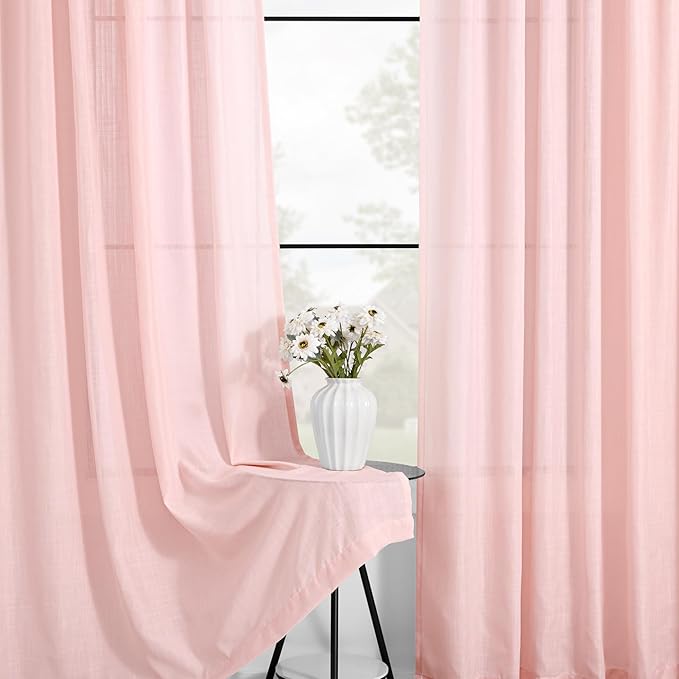 Blush Pink Semi Sheer Linen Curtains for Girls Bedroom Room 96 Inches Long Light Filtering Back Tab Curtain Living Room Farmhouse Linen Look Shiny Sheer Drapes Baby Pink 52ﾗ96 Inch