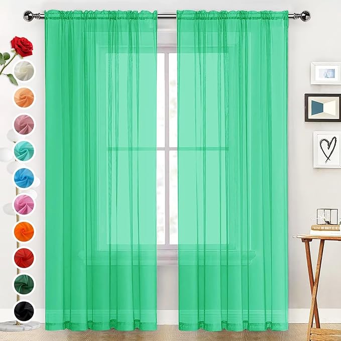 SpaceDresser Basic Rod Pocket Sheer Voile Window Curtain Panels Grass Green 1 Pair 2 Panels 52 Width 54 Inch Long for Kitchen Bedroom Children Living Room Yard（Grass Green, 52W x 54L）