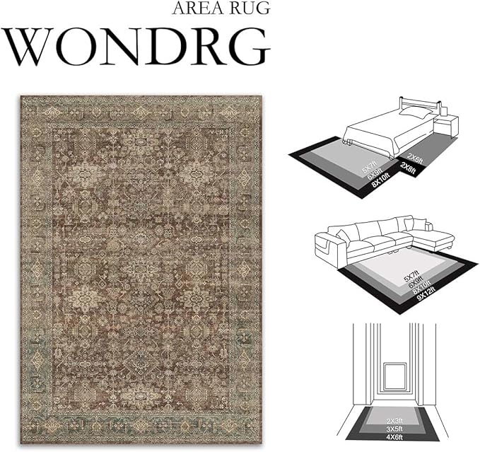 8x10 Washable Area Rug for Living Room Bedroom Vintage Rust Red Non Slip Carpet Traditional Retro Soft Low Pile Large Throw Rug for Dining Room Kitchen Office Indoor