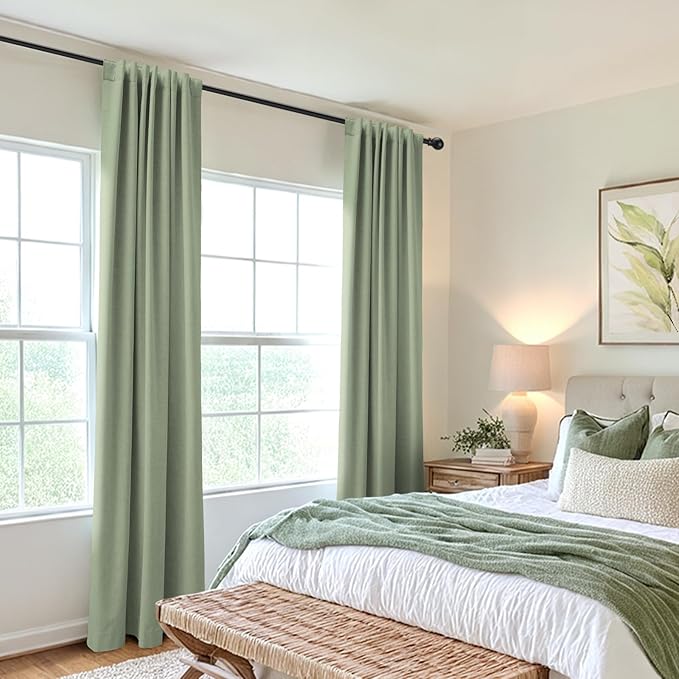 100% Blackout Shield Linen Blackout Curtains for Bedroom 108 Inches Long, Back Tab/Rod Pocket Living Room Drapes, Thermal Insulated Blackout Curtains 2 Panels Set, 50" W x 108" L, Sage