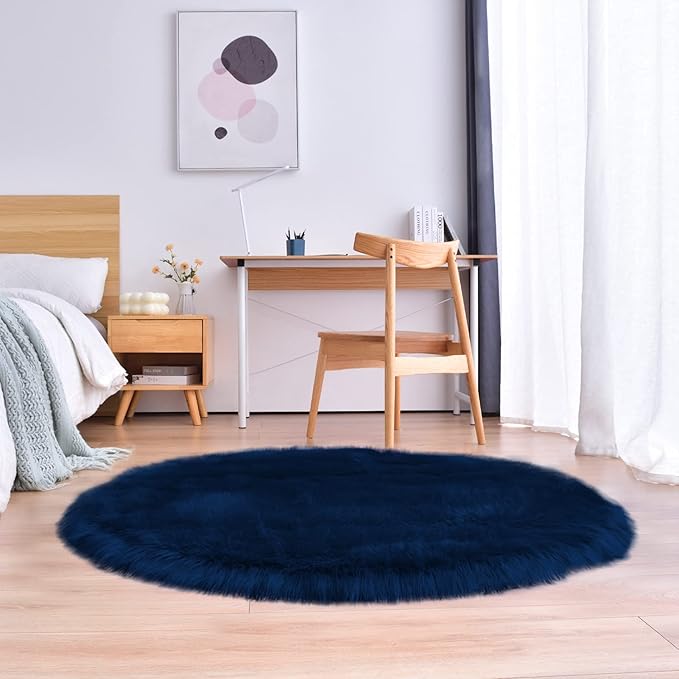 duduta Navy Blue Faux Sheepskin Round Rug 4x4 ft, Fluffy Shag Fur Bedroom Nursery Kids Playroom Rug Dorm Decor Non Slip Washable