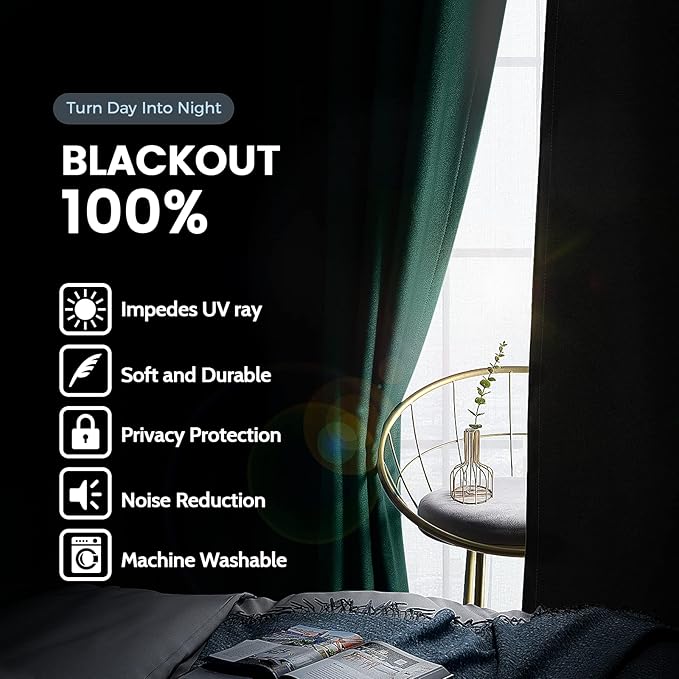 SimpleHome 100% Blackout Curtains for Bedroom,Thermal Insulated Grommet Window Drapes Room Darkening Dark Green Curtains for Living Room with Black Back,52 x 84 Inch,2 Panels
