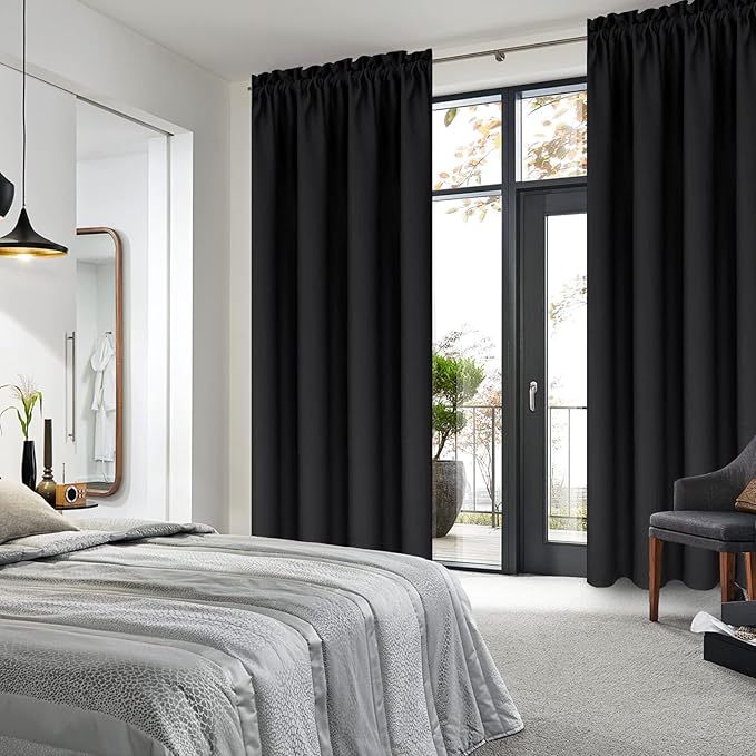 DWCN Black Blackout Curtains for Bedroom –Rod Pocket Thermal Insulated Room Darkening Drapes for Living Room, W 42 x L 54 Inch, 2 Panels