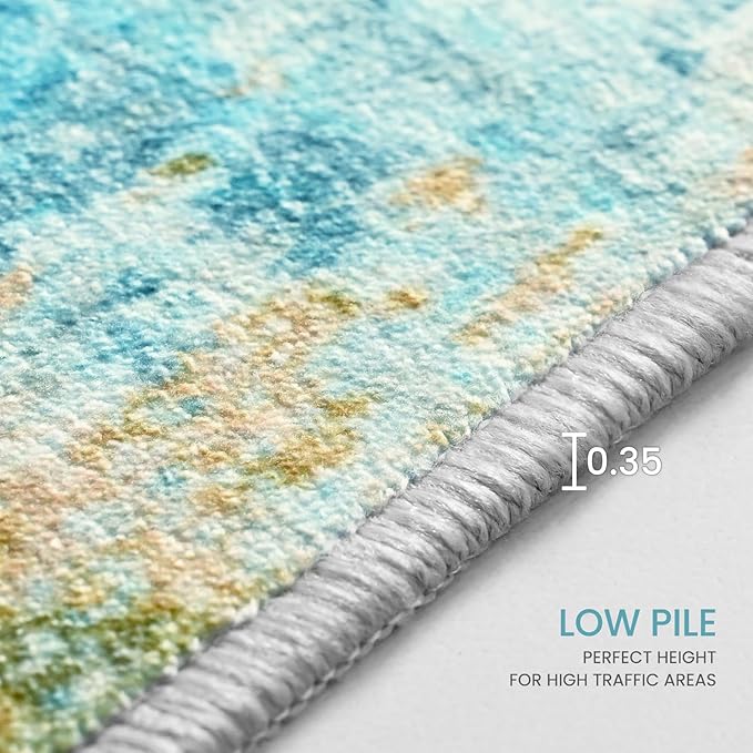Entryway Rug 3x5 Teal Blue Bedroom Area Rug Washable Non Slip Abstract Boho Rugs for Indoor Entry, Kitchen, Classroom, Bathroom, Kids Girls Room, Office, College Dorm Small Carpet