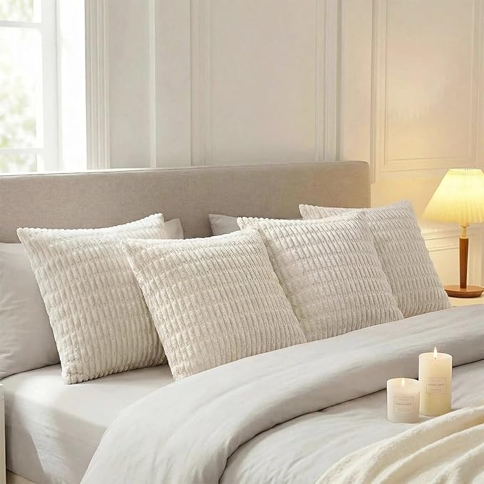 Fancy Homi 4 Packs Boho Cream Decorative Throw Pillow Covers 20x20 Inch for Living Room Couch Bed Sofa, Rustic Modern Farmhouse Home Decor, Soft Plush Corduroy Square Beige Cute Cushion Case 50x50 cm