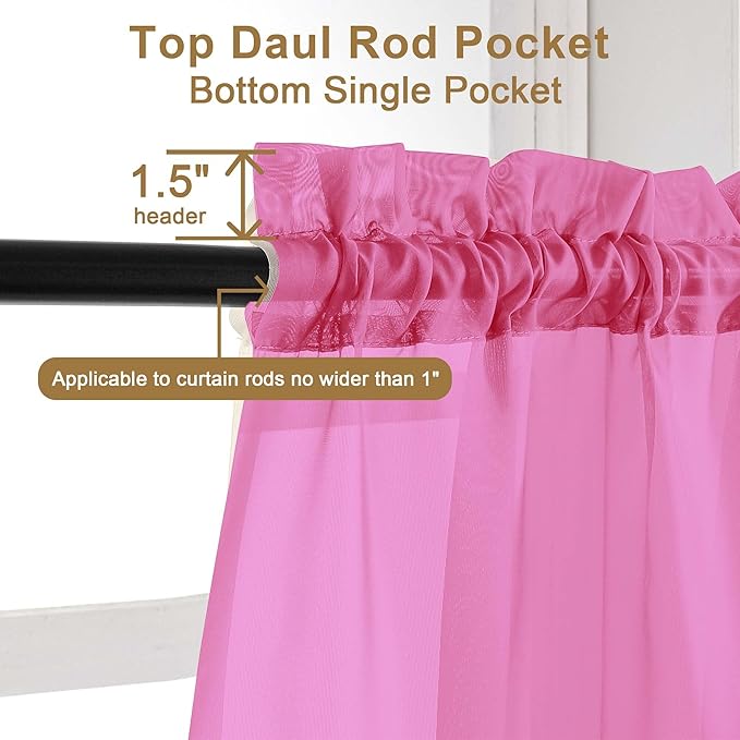 Chyhomenyc Hot Pink Sheer Curtains 96 inches Long 2 Panels, Light Filtering Soft Airy Solid Elegant Voile Window Treatment Drapes for Bedroom Living Room, 42Wx96L, 8FT L