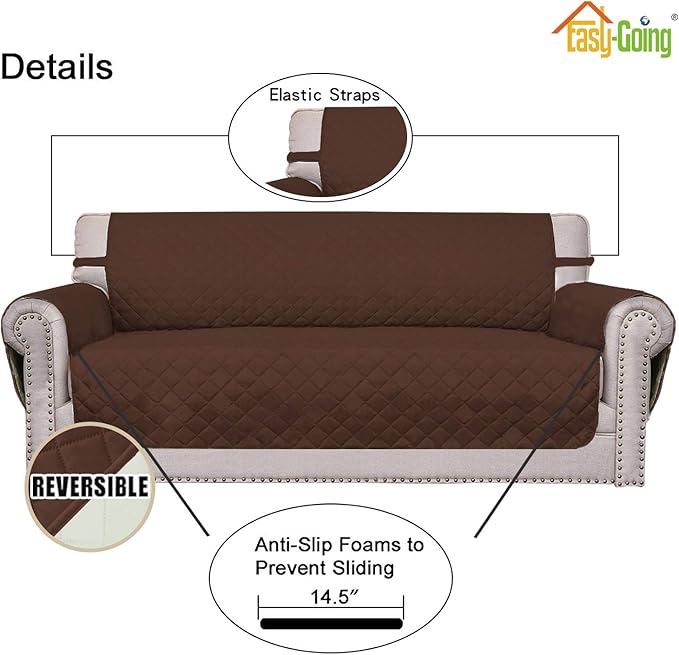 Easy-Going Reversible Couch Cover for 3 Cushion Couch Sofa Cover for Dogs Water Resistant Furniture Protector Cover with Foam Sticks Elastic Straps for Pet Cat (Sofa, Coffee/Ivory)