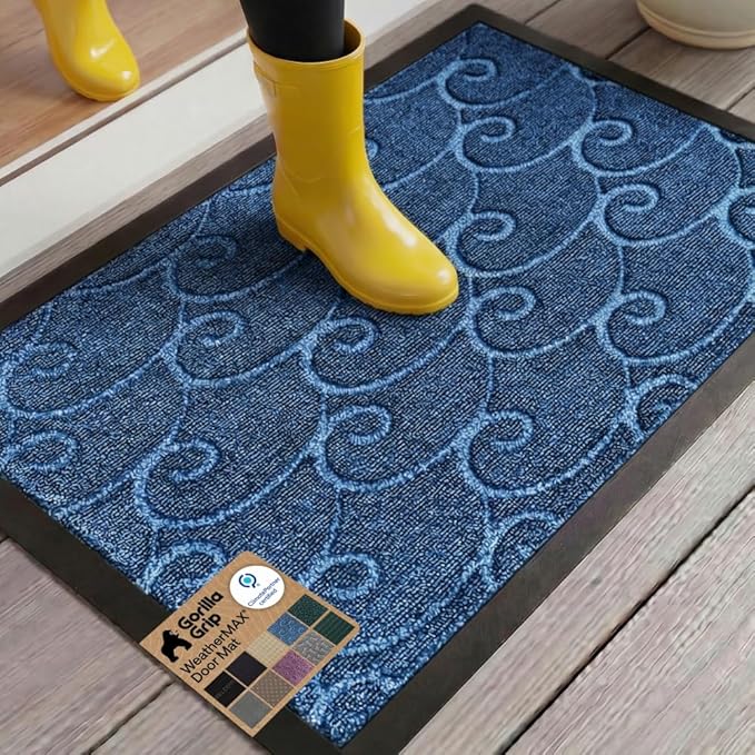GORILLA GRIP 100% Waterproof All-Season WeatherMAX Doormat, US Designed Natural Rubber, Stain and Fade Resistant, Low Profile Indoor Outdoor Door Mats, Easy Clean Patio Mat, 29x17, Ocean Blue Waves