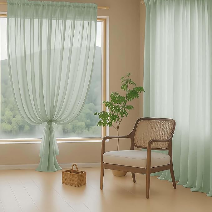 Sage Green Sheer Curtains 90 Inches Long 2 Panels, Light Filtering Solid Sheer Curtains for Bedroom Living Room, Lightweight Soft Airy Voile Sheer Drapes, Dual Rod Pocket, 2x42Wx90L Inches