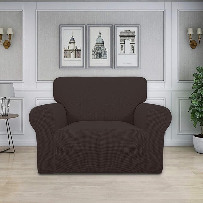 Easy-Going Stretch Oversized Chair Sofa Slipcover 1-Piece Couch Sofa Cover Furniture Protector Soft with Elastic Bottom for Kids Spandex Jacquard Fabric Small Checks Chocolate