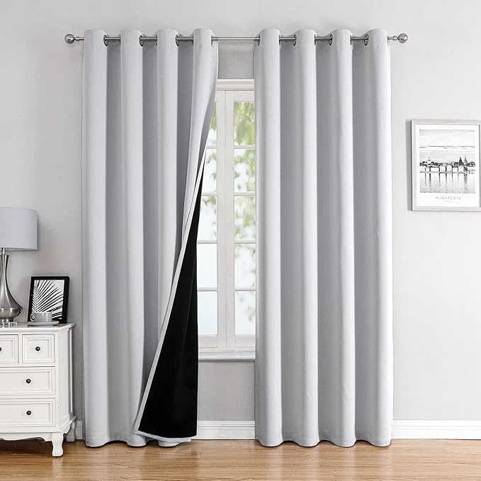 ChrisDowa 100% Blackout Curtains for Bedroom with Black Liner, 2 Thick Layers Total Blackout Thermal Insulated Grommet Window Curtains 2 Panels Set (Greyish White, 52 x 72 Inch)